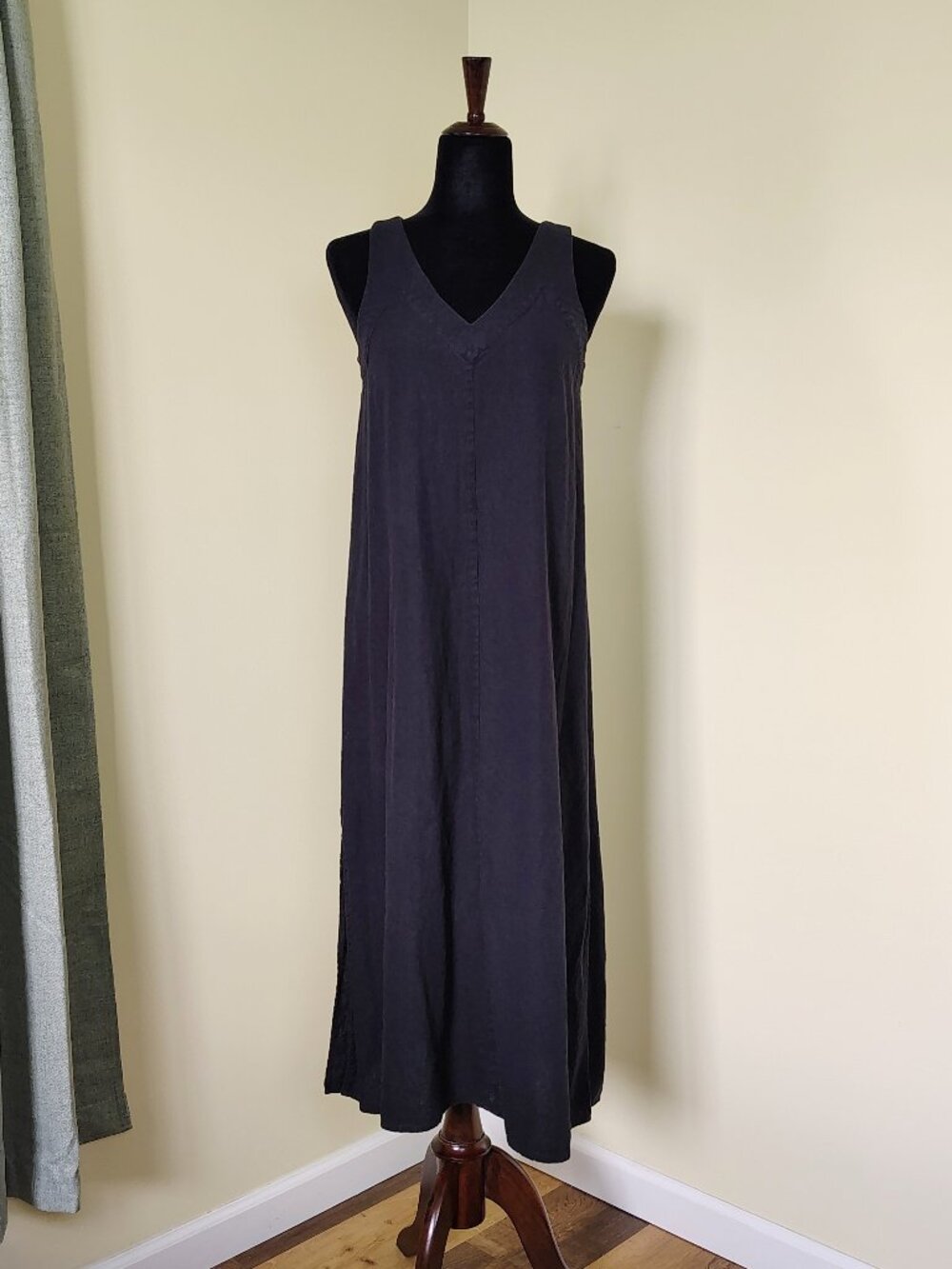 Black Linen Blend DKNY V-Neck Side Slit Summer Boho Midi Dress - XS